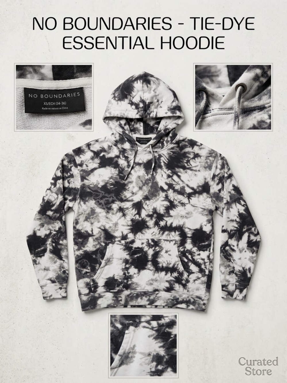 No Boundaries Men's Black & White Tie-Dye Pullover Hoodie